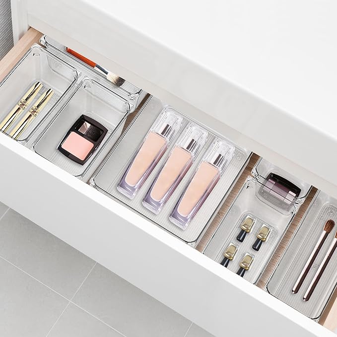 6 Pack Drawer Organizer - 3" X 3" Clear Acrylic Storage Bins with Non-Slip Pads, Versatile Desk Tray for Makeup, Jewelry, Kitchen, Bathroom, and Office Organization