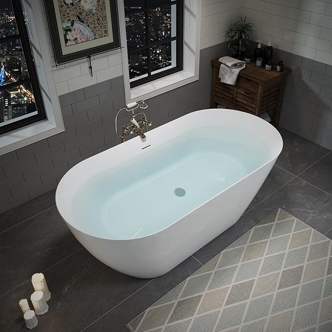 ABRUZZO 60" Acrylic Freestanding Bathtub - Oval Deep Soak Tub, Center Drain & Overflow, cUPC Certified Glossy White
