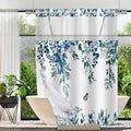 No Hook Shower Curtain and Liner Set, Dark Blue Eucalyptus Floral Shower Curtains for Bathroom, Bath Curtain Sets with Snap in Liner, Waterproof with See Through Top Window, 71x84 Inches