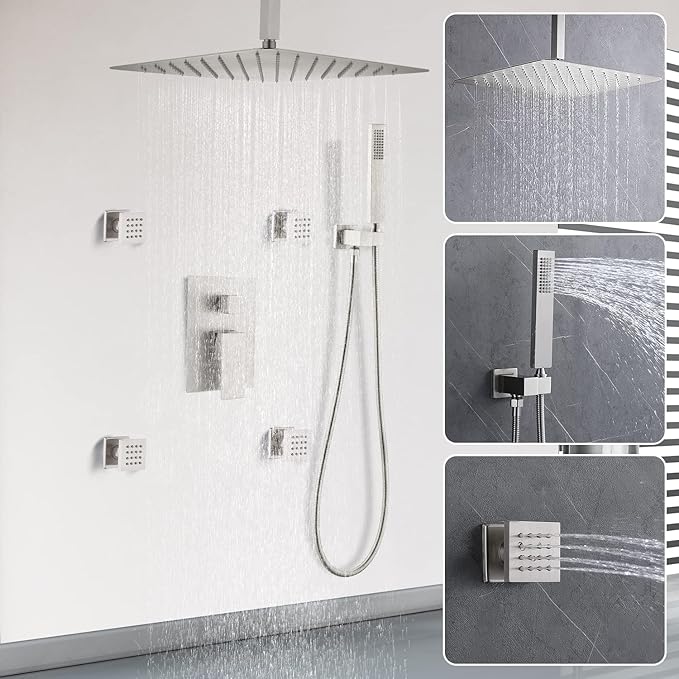 Enga Rain Shower System with Body Jets, 12" Ceiling Rain Shower, All Metal Multiple Shower Head System, Contain Rough-in Shower Valve, Brushed Nickel