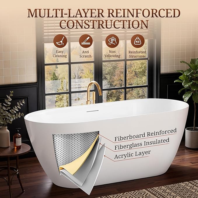59" Acrylic Freestanding Bathtub, Deep Soaking Tub with Integrated Overflow and Drain, Oval Stand Alone Tub, Modern Bathtubs for Bathroom, cUPC Certified(Glossy White)