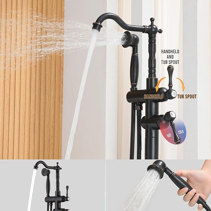 Oil Rubbed Bronze Freestanding Bathtub Faucet Sets Single Handle with 360° Swivel Spout Floor Mount Tub Filler with Handheld Sprayer, Floor Mount Bathtub Faucet, 47.2-Inch, JBTF430-ORB