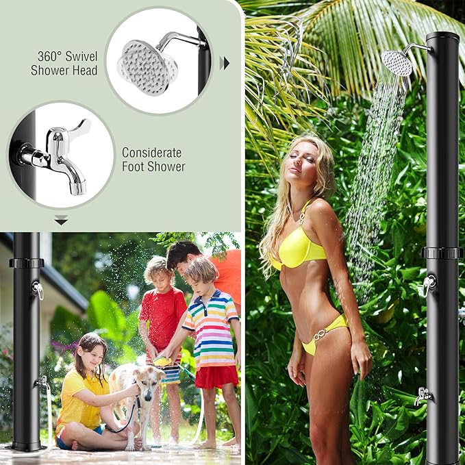 LDAILY Outdoor Shower, 10 Gallon Solar Heated Pool Shower with 360° Rotating Shower Head & Foot Tap, 7.2FT Freestanding Outside Shower Kits for Backyard, Beach, Garden (Black)