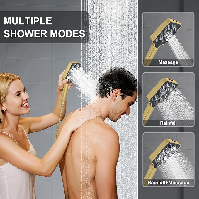 Shower System 13-Inch Rainfall Shower Head - 3 Setting Handheld Sprayer, Complete Bathroom Set with Faucet Mixer Trim Kit & Valve Brushed Gold
