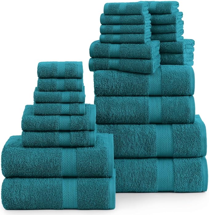 LANE LINEN 100% Cotton Bathroom Towels Set - 24 Piece - Durable, Quick Dry, Soft & Highly Absorbent - 4 Bath, 4 Fingertip, 6 Hand Towel, 8 Washcloths, 2 Bath Sheets - Sustainbly Produced - Sea Port