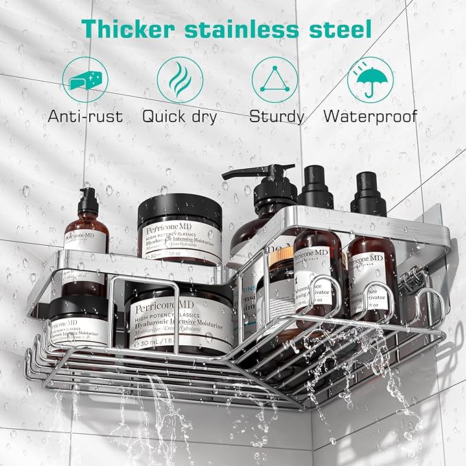 YASONIC Corner Shower Caddy, 3-Pack Adhesive Bathroom Caddy with Soap Holder and 12 Hooks, Rustproof Stainless Steel Shower Organizer, No Drilling Wall Mounted Shower Rack, Brushed Silver