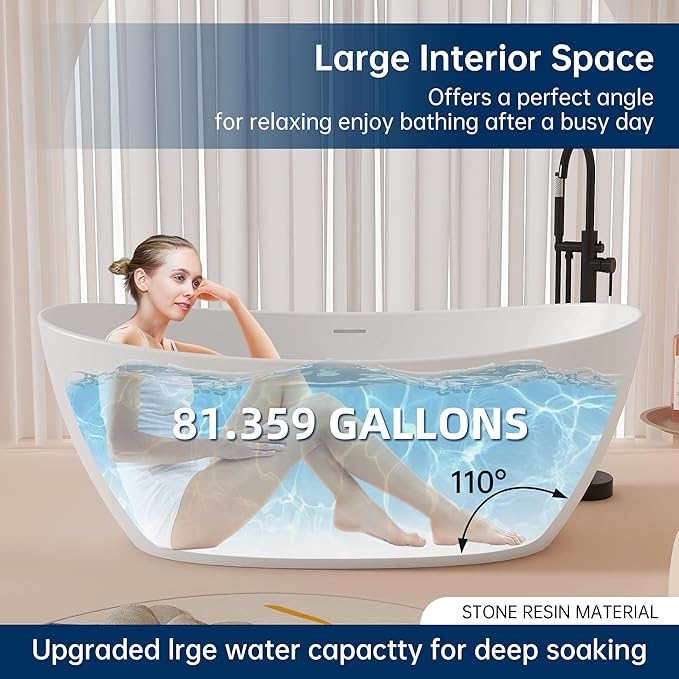 65'' Freestanding Solid Surface Resin Stone Bathtub, Freestanding Tub, Contemporary Design Stand Alone Tub with Pop-up Drain and Overflow, cUPC Certified, Matte White (Oval)…