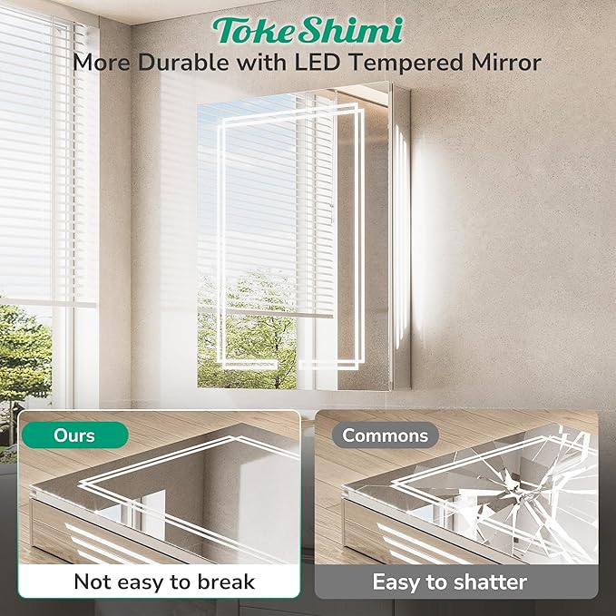 TokeShimi 30x32 Bathroom Mirror Medicine Cabinet with Light 3 Colors, Anti-Fog Tempered LED Mirror with Storage, Stepless Dimming CRI 80+, Memory Funtion, Wall Mirrored Cabinet for Bathroom Décor