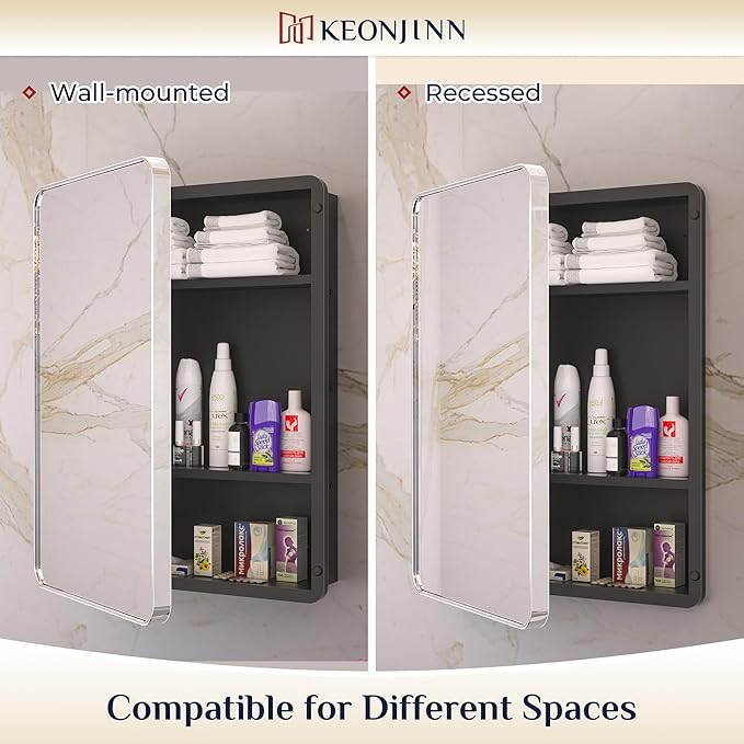 Keonjinn 20 x 26 Inch Chrome Recessed Medicine Cabinets, Mirrored Bathroom Medicine Cabinet, Elegant Silver Stainless Steel Framed, Adjustable Shelves, in Wall or Surface Mount, Soft Closing, Modern