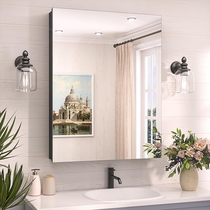 TokeShimi 24 x 32 Mirrored Medicine Cabinet Recessed or Surface Mount, Aluminum Tempered Bathroom Medicine Cabinet with Mirror with Storage Black Stepless Adjustable Metal Shelves Farmhouse