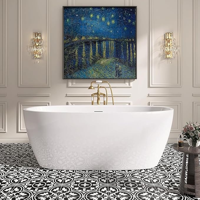 59" Free Standing Tub, Pure Acrylic Freestanding Bathtub, Stylish Stand Alone Contemporary Deep Soaking Bath Tub, cUPC Certified SY5850 (Glossy White)