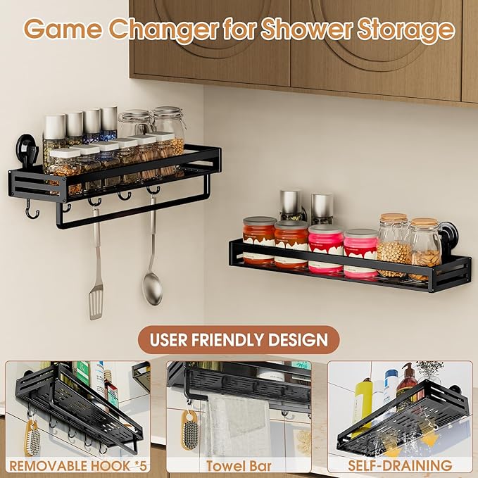 Shower Caddy Suction Cup, 15.8 inch Suction Shower Shelf with Hooks NO-Drilling Bathroom Holder, Rustproof Bathroom Organizer, Black