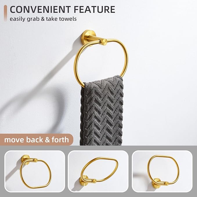Angle Simple Towel Ring Brassy Gold, SUS 304 Stainless Steel Swivel Hand Towel Holder for Bathroom Wall Mount