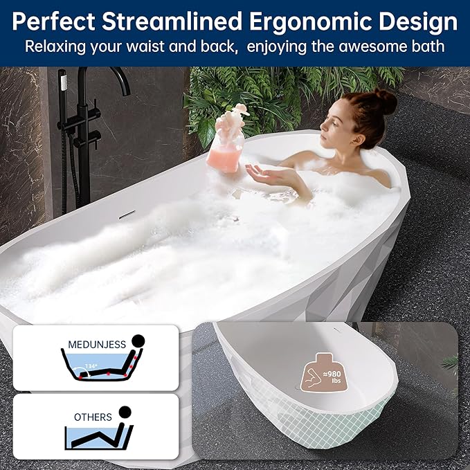 64'' Stone Resin Solid Surface Freestanding Bathtub, Modern Elegant Design Soaking Stand Alone Tub, Diamond Pattern Matte White, Drain and Overflow Included 019-1630