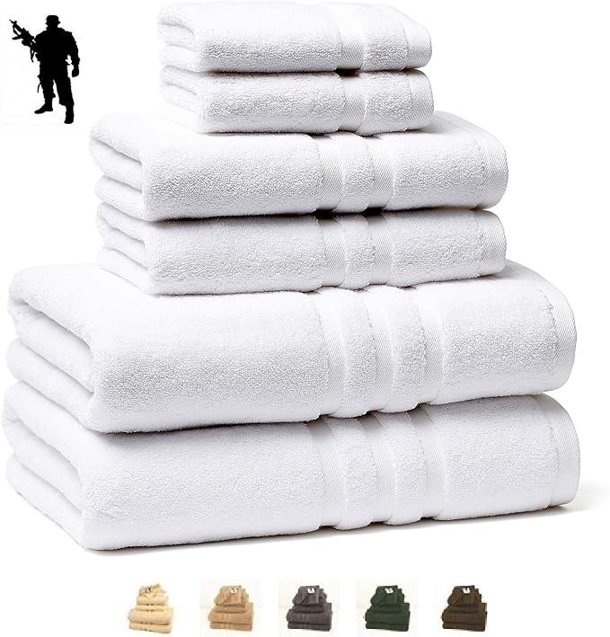 Veteran Textile LLC - 6 Pieces- Turkish Cotton - Luxury Towel Set for Bathroom & Kitchen, 2 Bath Towels, 2 Hand Towels & 2 WashCloths *Valued $79.99* (White)