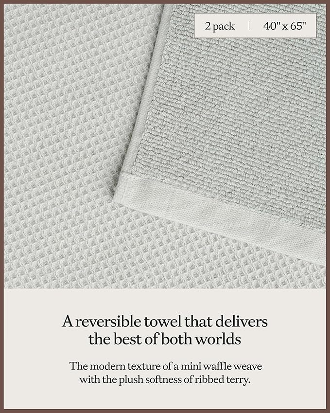 Cozy Earth Waffle Bath Sheets - 60% Cotton 40% Viscose from Bamboo Bath Sheets 40 x 65 Inches - Soft & Absorbent Terry, Reversible Mini Textured Waffle & Weave Pattern - 2 Pack
