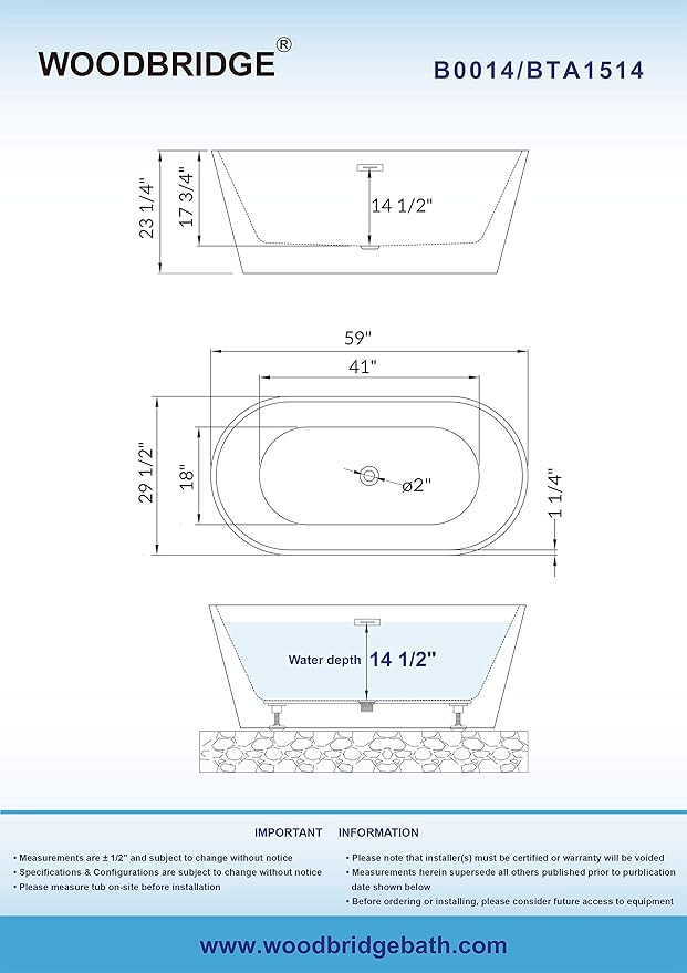 WOODBRIDGE 59" Freestanding White Acrylic Soaking Bathtub with Brushed Gold Drain and Overflow,BTA1514 -BG-Drain &O