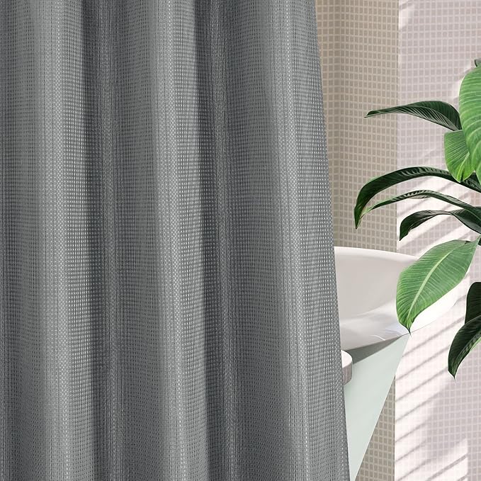 MitoVilla Black Waffle Small Stall Shower Curtain Liner Set 36 x 74, No Hooks Required Half Size Narrow Fabric Shower Curtain Set with Snap-in Liner for Modern Farmhouse Bathroom Decor