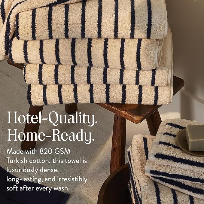 Brooklinen Super-Plush Turkish Cotton Bath Towels - Set of 2 - Cotton, 820 GSM, Highly Absorbent, Machine Washable, Perfect for Home & Bathroom (30" x 58", Striped Navy)