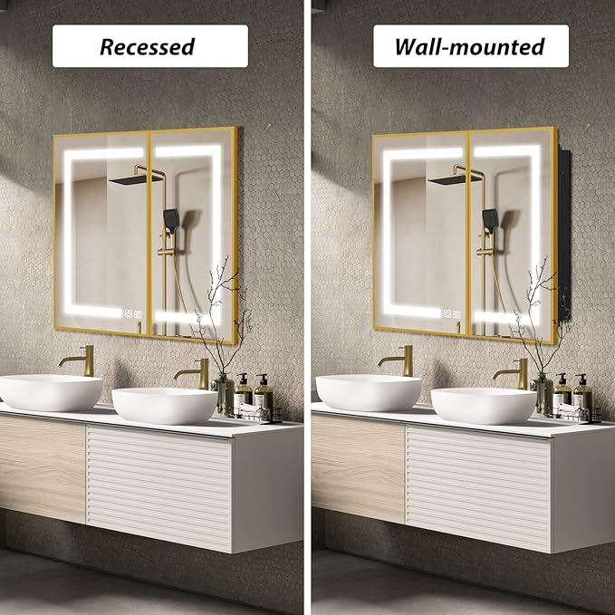 APRILSOUL 36X30 Inch Gold Bathroom Medicine Cabinet with Mirror, Recessed or Surface Lighted Medicine Cabinet with 3 Colors Temperature, Dimmable Light