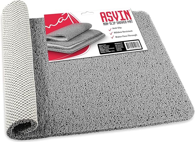 Asvin Soft Textured Bath, Shower, Tub Mat, 24x16 Inch Rectangular, Phthalate Free, Non Slip Comfort Bathtub Mats with Drain, PVC Loofah Bathroom Mat for Wet Areas, Quick Drying, Grey