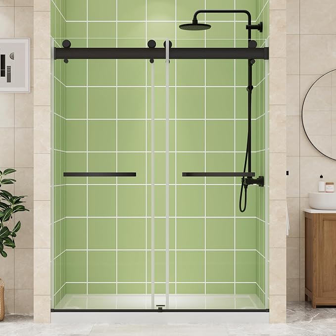 DELAVIN 56-60" W x 75" H Double Sliding Frameless Shower Door, Glass Shower Door with 1/4"(6mm) SGCC Tempered Glass, Noiseless Shatterproof Shower Doors Stainless Steel, Aluminum, Black