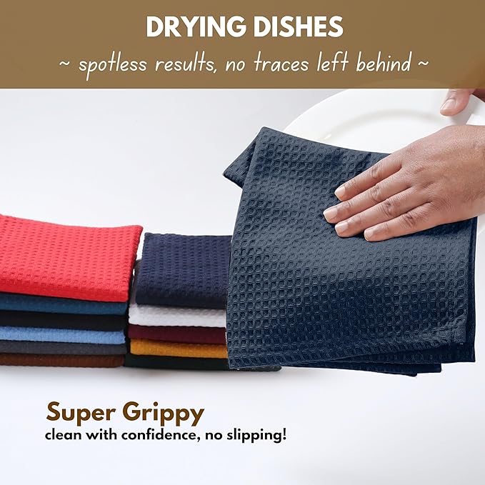 Native Fab Cotton Kitchen Towel with Hanging Loop 16x26 inches, 12-Pack, Waffle Weave Kitchen Towels for Cleaning Drying, Washcloths Soft & Absorbent Cloth Rags, Bar Towel, Dish Cloth, Navy