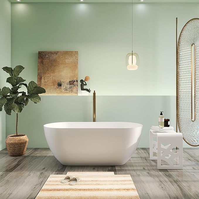 Premium 51" Solid Surface Freestanding Bathtubs, Upgraded Oval Stone Resin Tub with Overflow and Pop-up Drain, Matte White