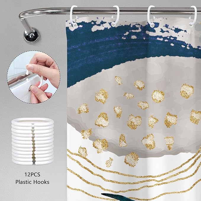 Navy Blue Boho Shower Curtain 72Wx72H Modern Mid Century Abstract Gold Tropical Leaves Palm Minimalist Plant Geometric Arch Bathroom Decor Botanical Bath Curtain Fabric Polyester 12 Pack Hooks