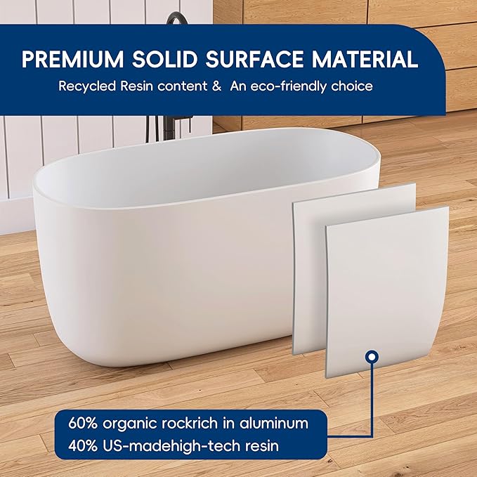 47" Stone Resin Freestanding Bathtub, Oval Solid Surface Bathroom Freestanding Tub, Thin Edge Stand Alone Tub with Integrated Slotted Overflow and Pop-up Drain, Matte White AMG025-1200
