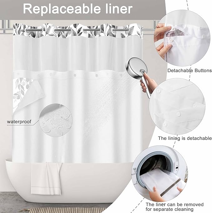 No Hook Shower Curtain and Liner Set, Grey Eucalyptus Floral Shower Curtains for Bathroom, Bath Curtain Sets with Snap in Liner, Waterproof with See Through Top Window, 71x74 Inches