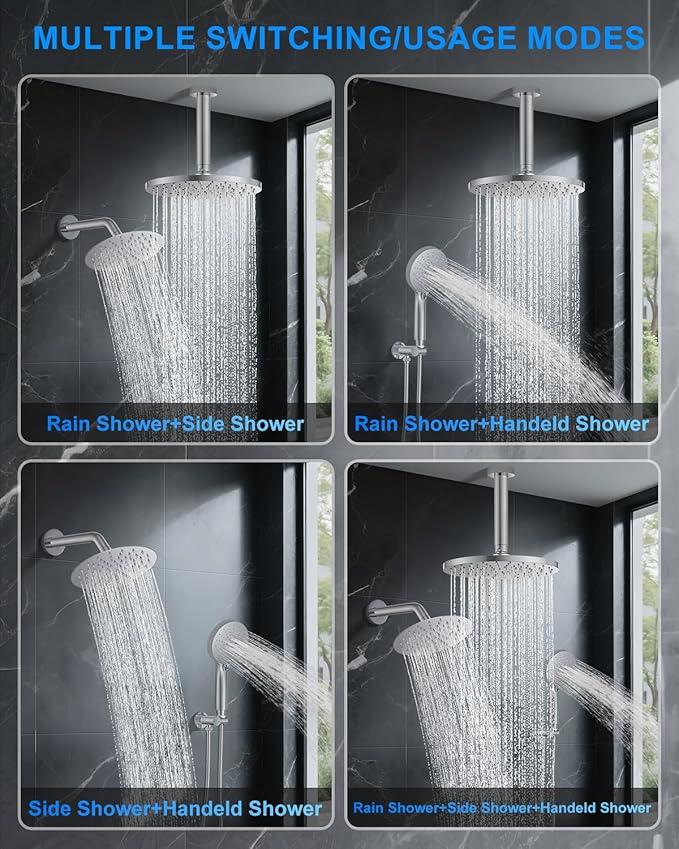 Shower System with Pressure Balance Valve, 10" Ceiling Mount Shower Faucet Set with 2 Rain Shower Head And Multi-function Handheld Head Push Button Diverter Pressure Balancing Valve Kit, Chrome