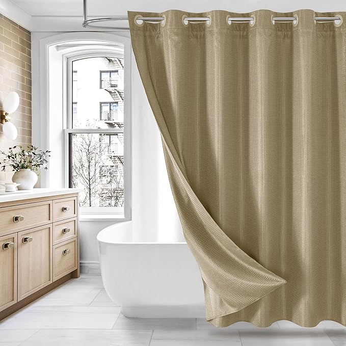MitoVilla No Hooks Needed Beige Waffle Shower Curtain Liner Set, Modern Waffle Weave Heavy Duty Fabric Cloth Shower Curtain with Snap-in Liner for Luxury Neutral Hotel Spa Bathroom Decor 72 x 74