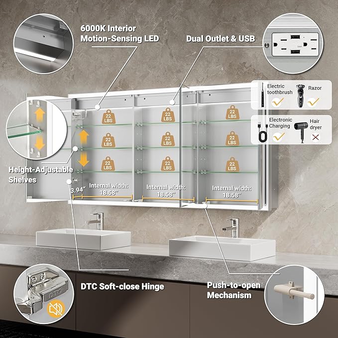 60x30 Beveled Lighted Medicine Cabinet with Mirror & Lights, Surface or Recessed Mirrored Medicine Cabinet with Outlet & Clock, Anti-Fog Dimmable LED Storage Cabinet, Built-in Sensor Light