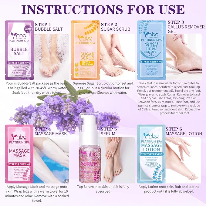 Pedicure Kit Foot Soak Set: Bubble Salt, Sugar Scrub, Massage Mask, Massage Lotion in a Box, 4 Step Foot Spa Kit for Dry Feet,Tired Feet(Lavender)