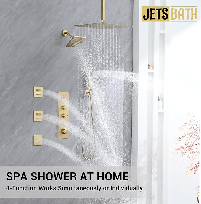 Thermostatic Dual Shower System with 4-Inch Body Jets, Ceiling 16" Rainfall Shower & Wall Mount 6-Inch Shower Head, Brushed Gold Luxury Shower Faucet Set with Handheld Sprayer