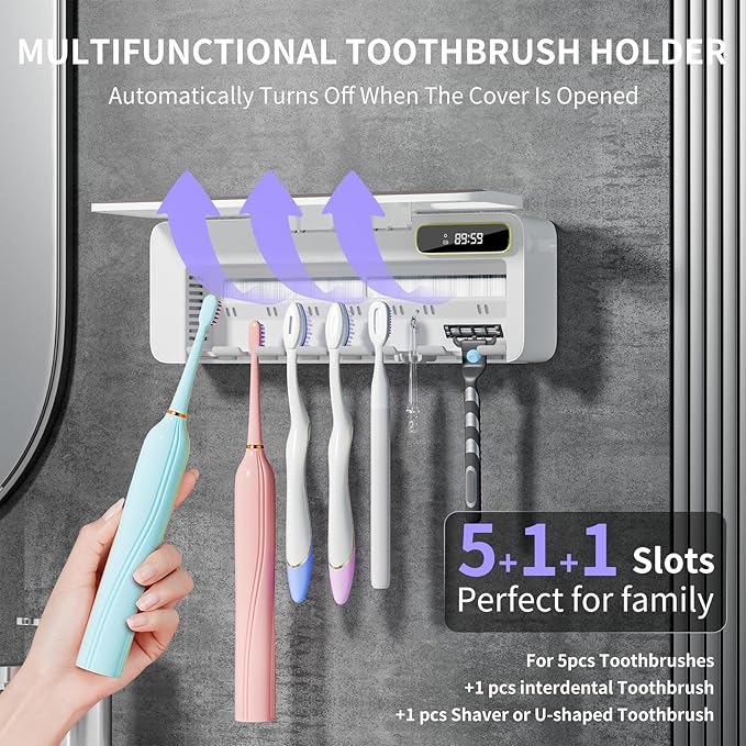 UV Toothbrush Sanitizer Holder for Bathrooms, 5+1+1 Slots Toothbrush Sanitizer and Holder, Rechargeable Cordless Wall Mounted Tooth Brush Holder with Heating Functions, No Drilling (White)