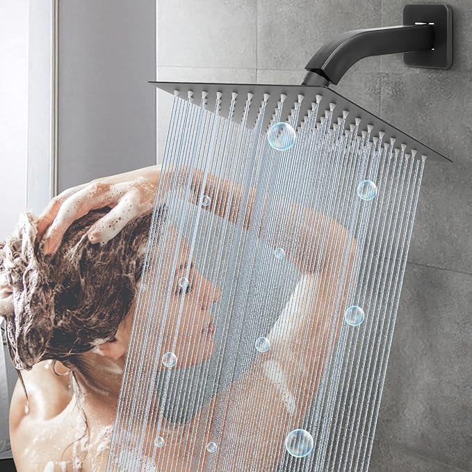HarJue Shower Arm with Flange and Teflon Tape, Wall Mounted Square Shower Pipe 304 Stainless Steel Extension Arm for Fixed Shower Head & Handheld Shower (6 Inch, Matte Black)