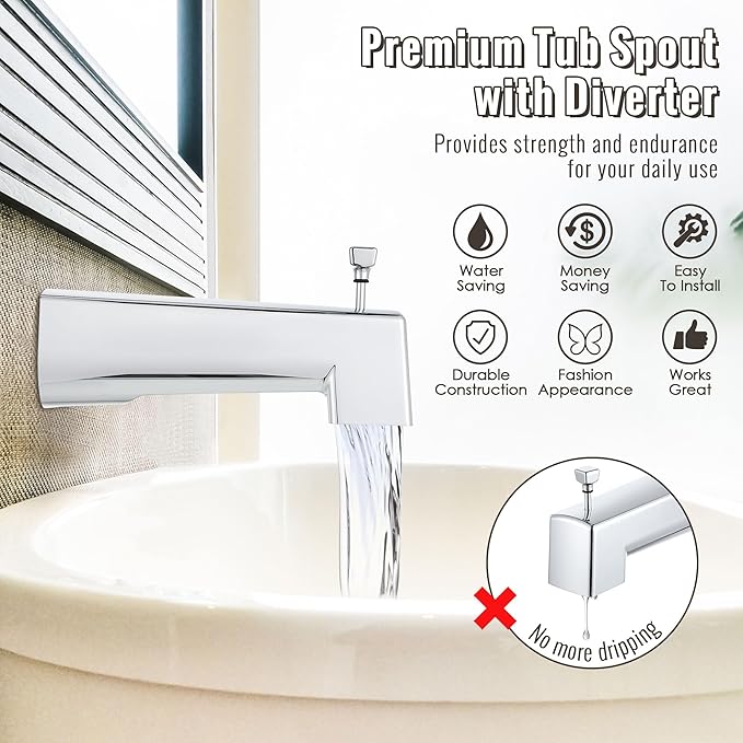 Enhon 7 Inch Slip on Tub Spout with Diverter, Compatible with Moen 3839/Moen 3853, Bathtub Diverter Spout Fits 1/2" Copper Water Tube(5/8" Diameter), 5/32" Hex Wrench(Chrome,Square)