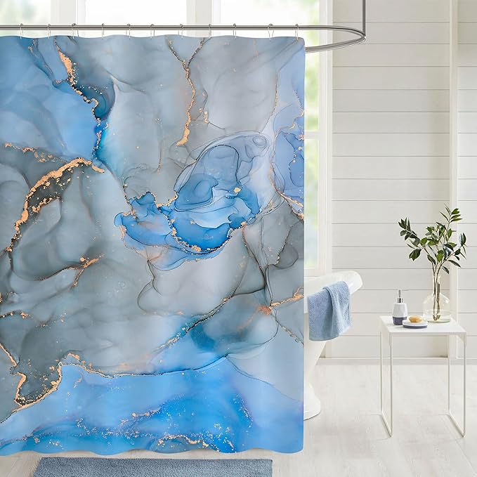 Gibelle Abstract Shower Curtain, Blue Grey Marble Fabric Shower Curtain for Bathroom, Modern Ink Art Decor Waterproof Shower Curtain Set with Hooks, 71x71