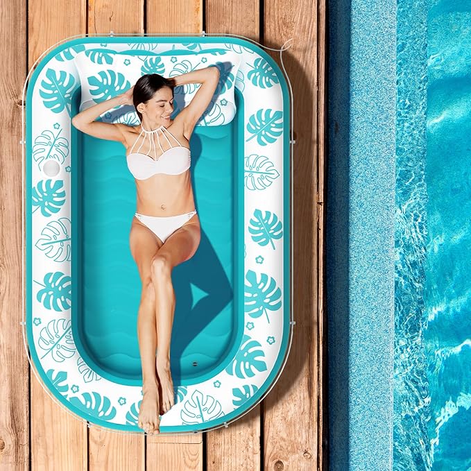 Inflatable Tanning Pool Lounger Float with Cervical Pillow - Pool Floats Adult for Sunbathing, Backyard, Pool Party - Inflate Ball Pit for Babies - Kids Swimming Pool Bed