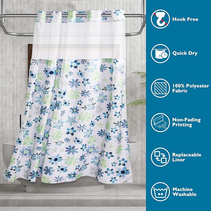 Lagute SnapHook Hook Free Fabric Floral Shower Curtain for Modern Bathroom with Snap-in Liner & See Through Top Window, Machine Washable | Hotel Grade, 71Wx74L, Green Daisy