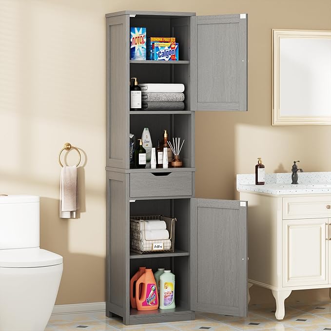 Walsunny Tall Bathroom Storage Cabinet with Freestanding Adjustable Shelves, Narrow Storage Linen Cabinet with 2 Doors and 1 Drawers for Bathroom, Living Room, Kitchen(Gray)