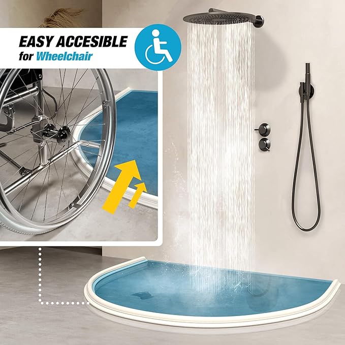 Shower Threshold Water Dam Barrier 60" Rounded - White Collapsible Shower Water Blocker - Guard for Walk in Shower - Water Guard Stopper for Floor - Shower Door Water Blocker - Wheelchair Accessible