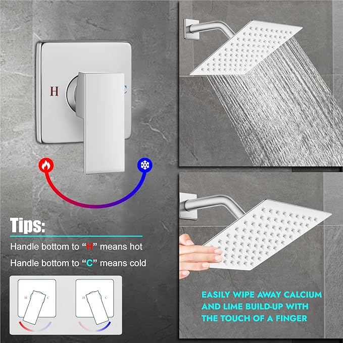 Heyalan 8 Inch Shower Head and Handle Set Square Shower Faucet Set Bathroom Rainfall Shower System Stainless Steel Showerhead Single Function Shower Trim Kit,Female Thread Valve,Polished Chrome