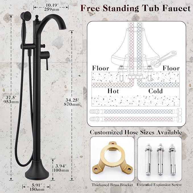 Freestanding Bathtub Faucet, Matte Black Classic Free Standing Tub Faucet with Vintage Handheld Sprayer High Flow Max 7.04GPM Floor Mounted Tub Filler (WT-9002BK)