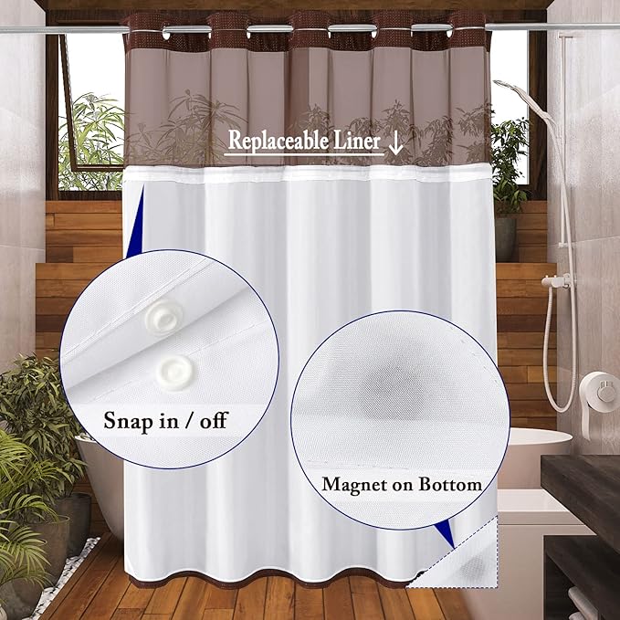 Gibelle No Hook Waffle Weave Shower Curtain with Snap-in Fabric Liner Set for Bathroom, Hotel Style with Mesh Top Window, Waterproof & Washable, Brown, 72x74