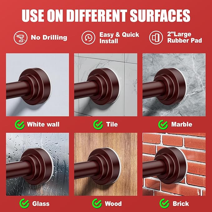 Ausemku Shower Curtain Rod - 32-43 Inch Rustproof Tension Rod, Non-Slip Spring Design, No Drilling Adjustable Curtain Rod for Bathroom, Kitchen, and Closet（Brown）