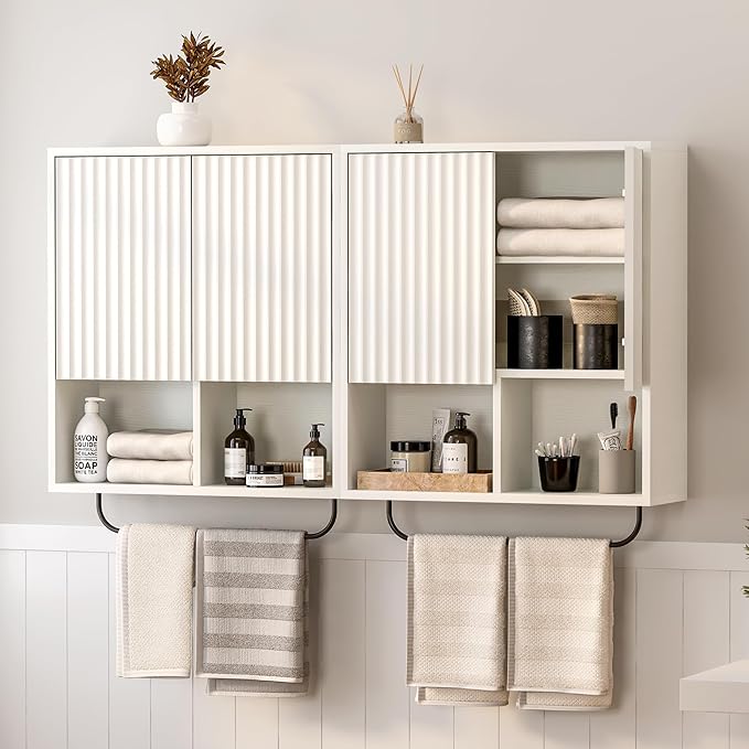 Bathroom Wall Cabinet, Fluted Wooden Medicine Cabinet Storage with 2 Doors, Adjustable Shelf and Towels Bar, Modern Wall Mount Large Floating Cabinet for Kitchen Laundry Room White