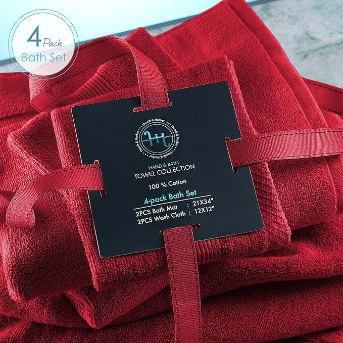 Hearth & Harbor Bath Mat Towels - 100% Ring Spun Cotton Luxury Towels - Ultra Soft & Highly Absorbent, Bathroom Towels, Floor Mat - Red